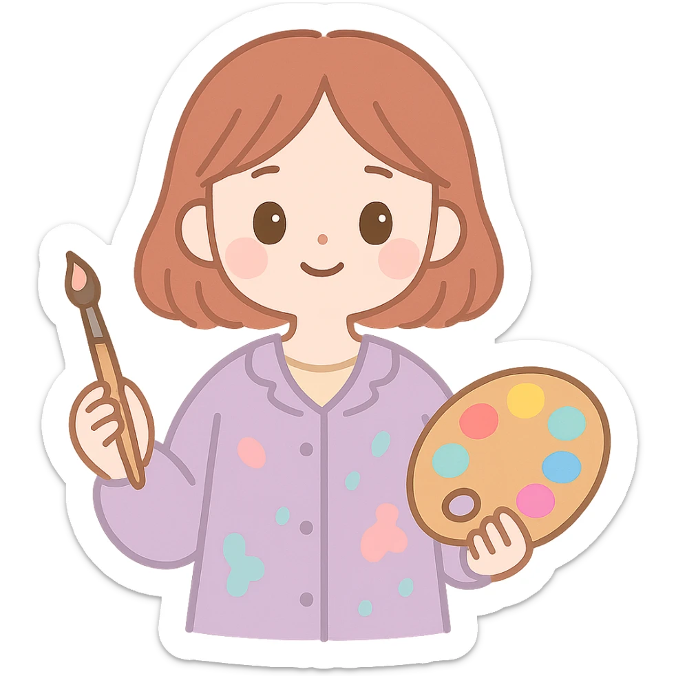 Serene female oil painter, Caucasian features, shoulder-length auburn hair, soft brown eyes, gentle smile, wearing a violet painter’s smock lightly stained with paint over a beige blouse, holding a wooden palette with vibrant colors in one hand and a brush in the other, waist-up, front-facing sticker