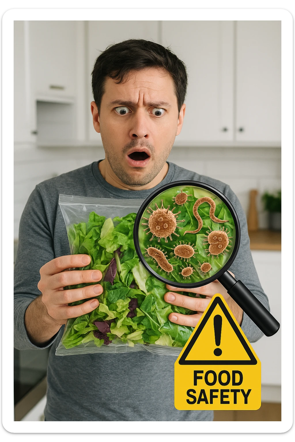 a man holds a bag of salad with both hands, his face frozen in shock as he looks at the contents. Inside the bag, exaggerated but realistic depictions of parasites and bacteria are visible, some highlighted with a magnifying glass overlay. The background is a clean kitchen, and a warning sign appears in the corner to reinforce the message about food safety. sticker