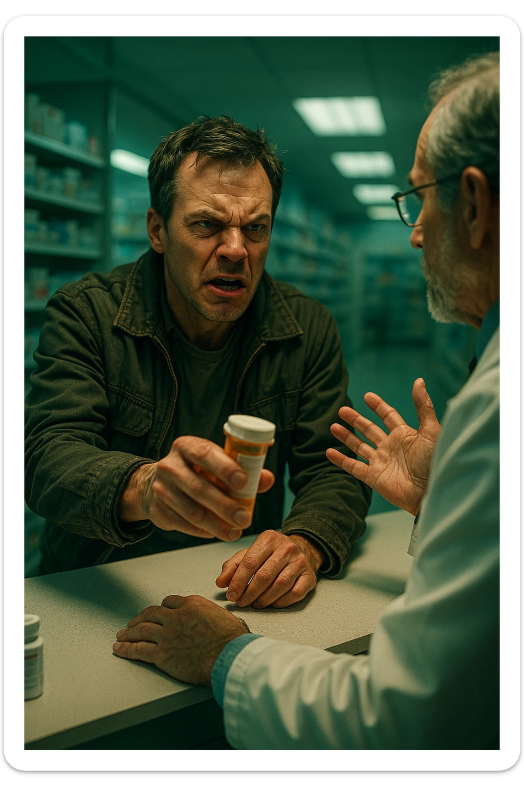 Cinematic Frustrated man at pharmacy counter demanding immediate pain relief medication, expression of impatience wanting instant symptom elimination, ignoring pharmacist's questions about underlying causes, grabbing prescription bottle eagerly, symptom suppression taking priority over healing, modern medicine aisle promising quick fixes for complex health problems" in italiano sticker