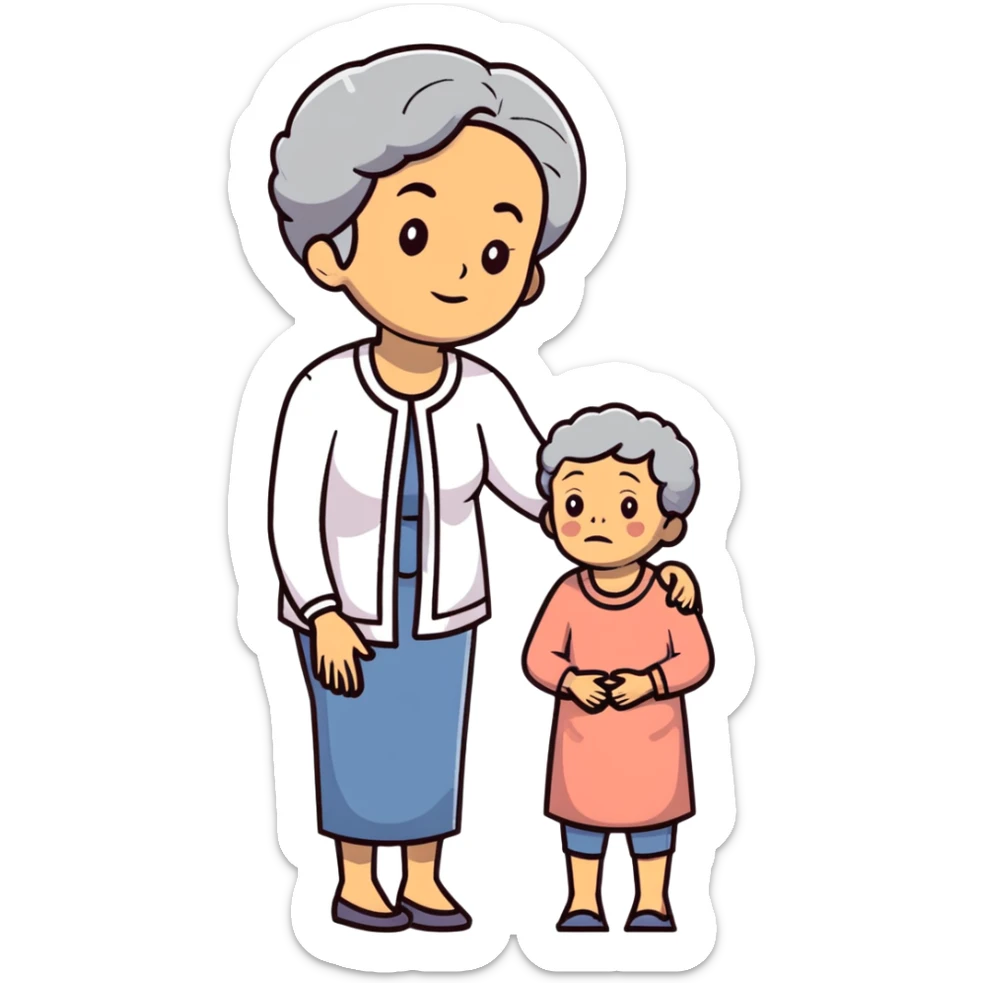 Full body view of a Black mother with Alzheimer's disease who has a 19-year-old child, gentle posture, slightly confused expression, comfortable clothing sticker