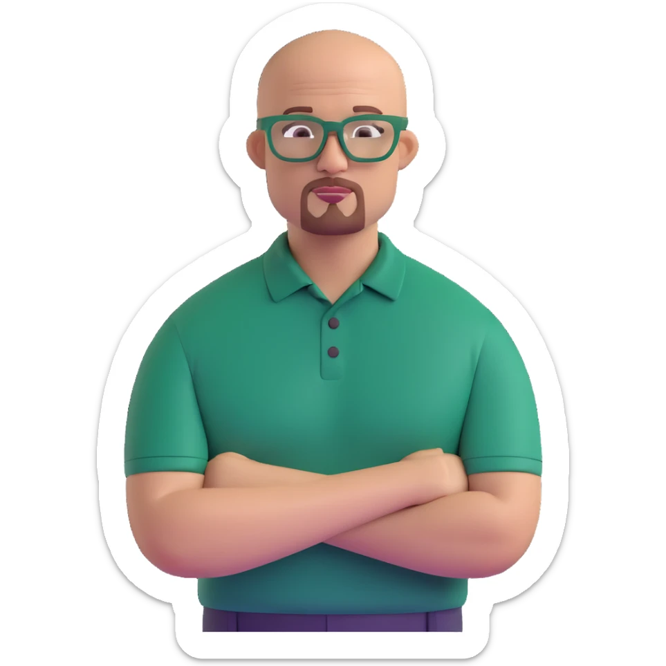muscular bald man with a red chin goatee, wearing a dark green polo shirt and dark green glasses sticker
