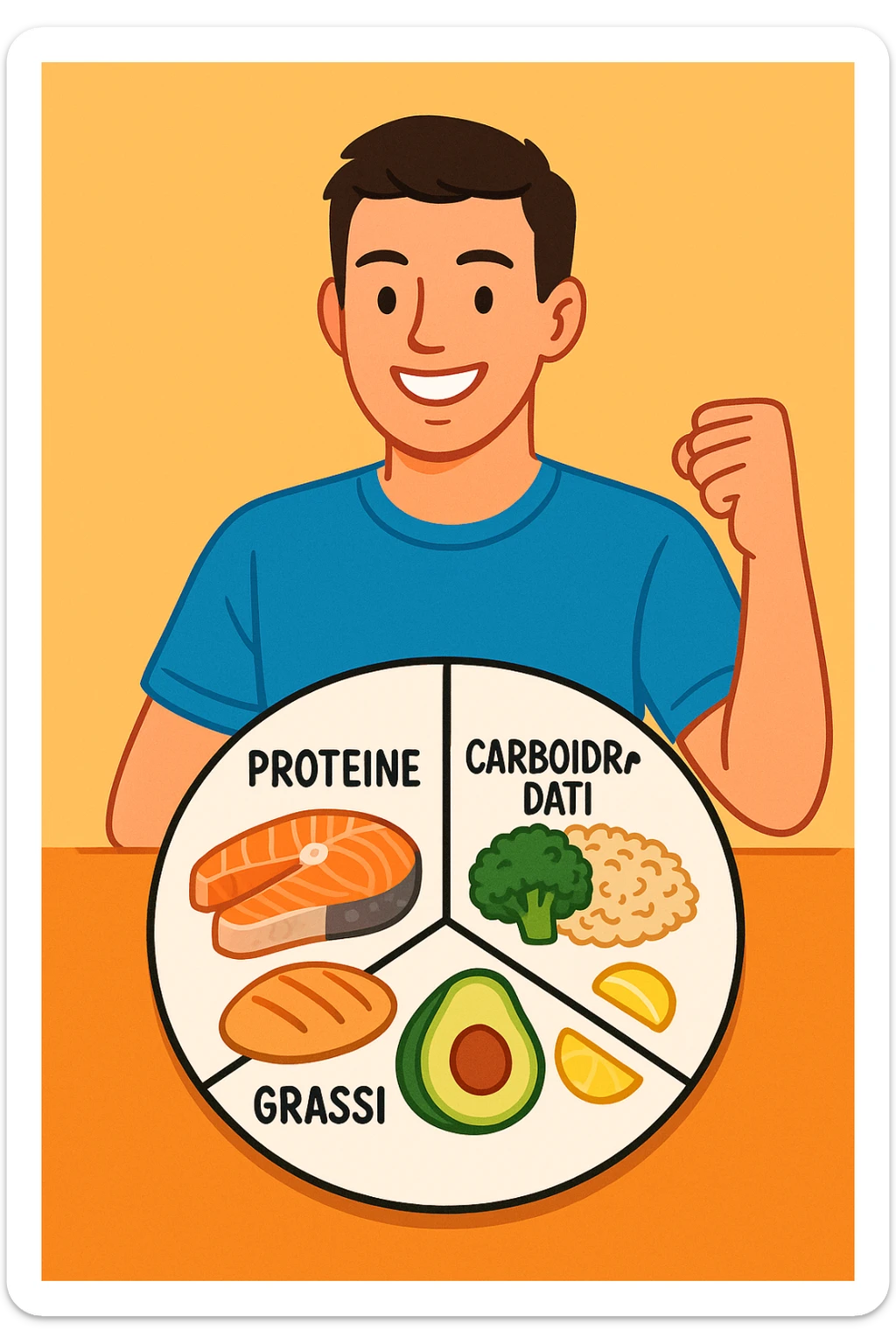 uomo che fa alimentazione attraverso i giusti macronutrienti. Scritte in ITALIANO sticker