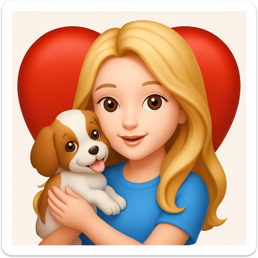 Add a heart background behind the girly girl with long hair playing with a puppy in the style of emoji (apple style emojis). Keep the emoji style look and feel. sticker