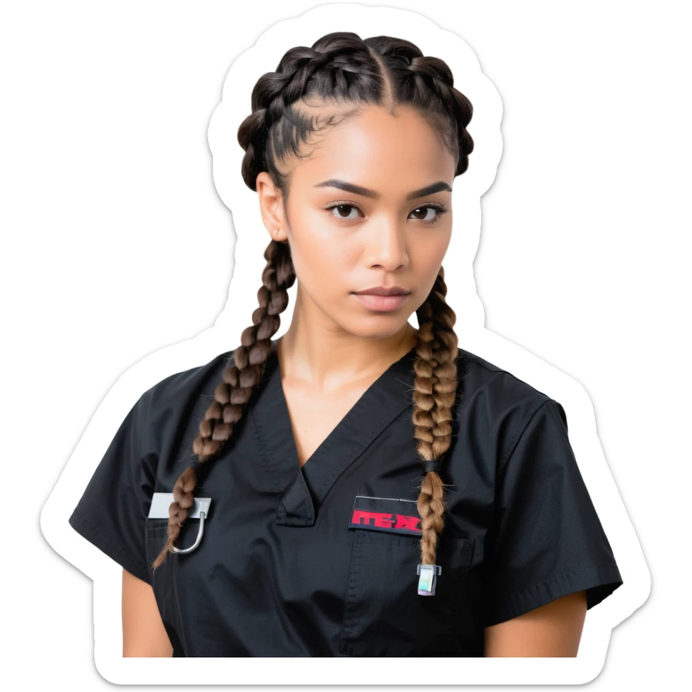 A 40-year-old Latina woman with light brown skin, working as a car mechanic, wearing all black mechanic scrubs, with two braids pulled back from her head sticker
