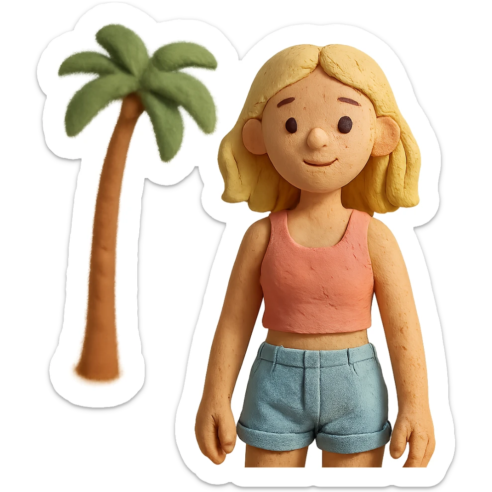 claymation style young woman in Malibu with pastel beach scene sticker