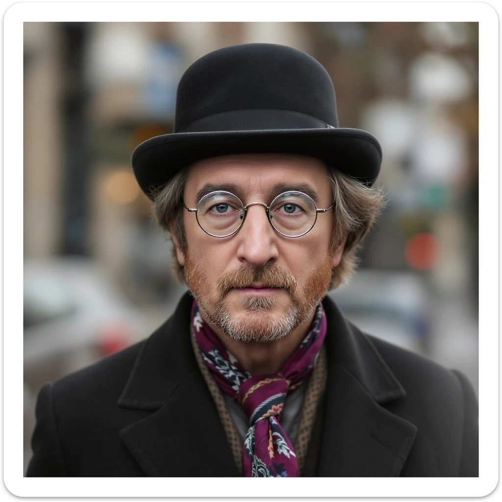 detailed realistic illustration of John Lennon in a bowler hat, photorealistic, soft lighting sticker