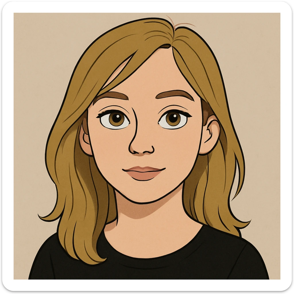 a white girl with dirty blond hair, hazel eyes, wearing a black top, cartoon style, neutral background sticker