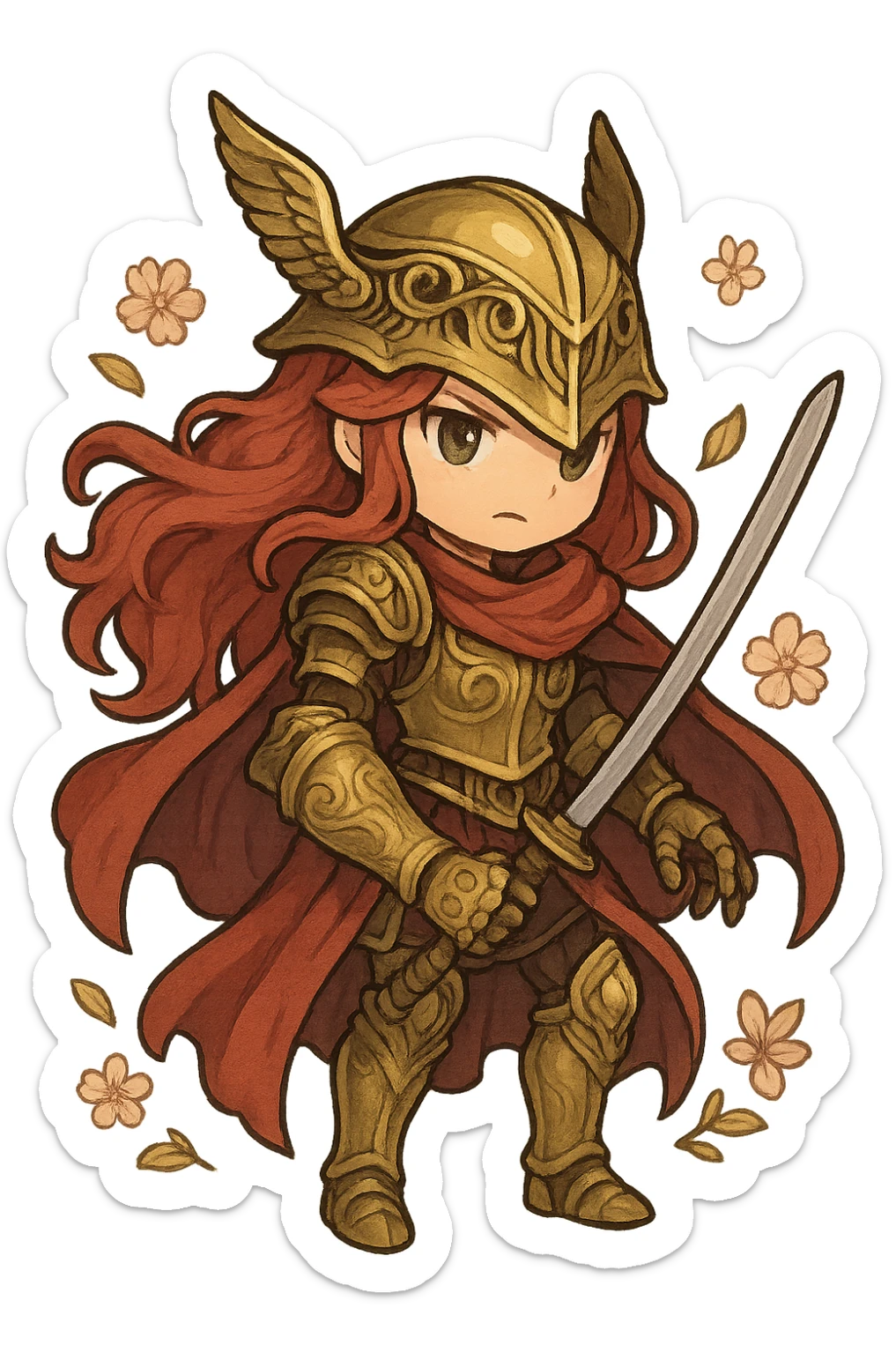 Malenia, Blade of Miquella, chibi style, elegant red-haired female warrior, ornate golden armor, large prosthetic arm, flowing cape, holding a katana, flower motifs, fantasy vibe, cute and fierce sticker