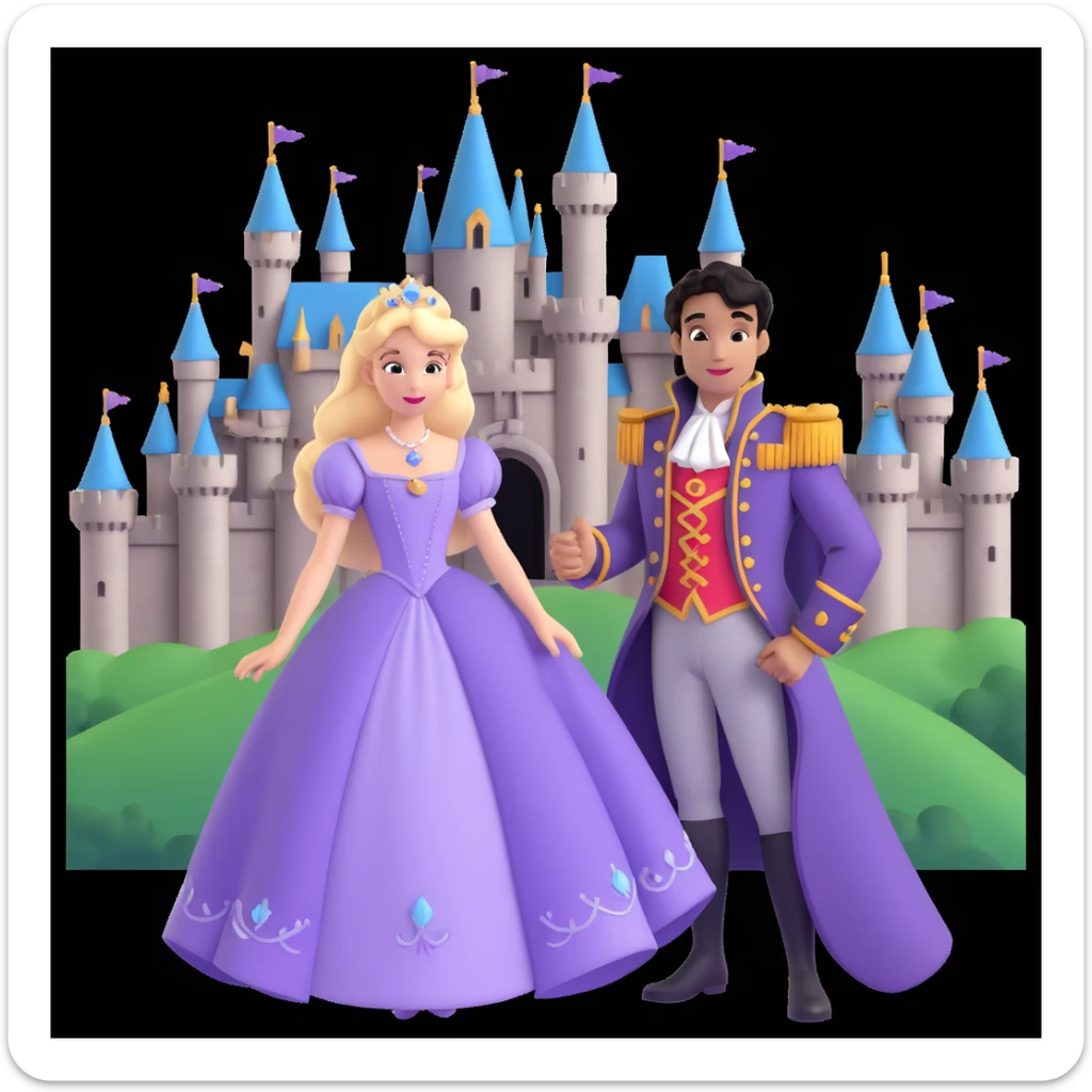 prince and princess Disney dress close up photo in castle background sticker