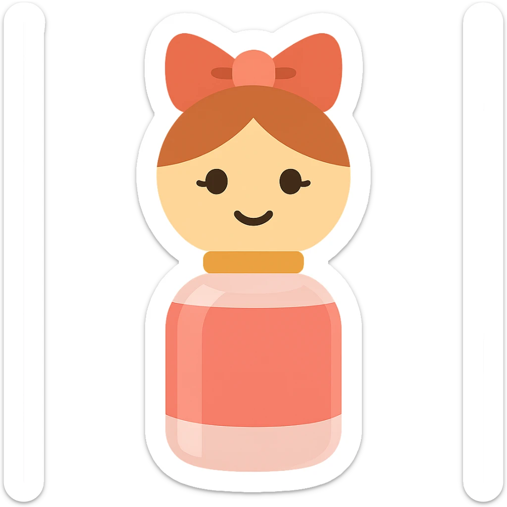 Create an emoji of the Benetton Sisterland perfume doll with a round head, pink bow, smiling face, and pink dress in a modern emoji style. The background should be removed. sticker