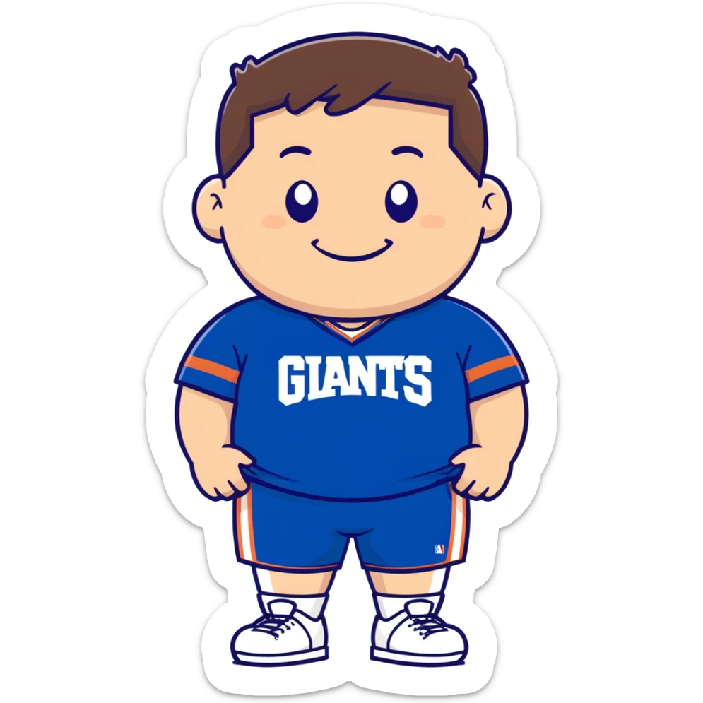 stocky white male, chubby, short brown hair gelled up, rowley smile with chubby cheeks, new york giants blue t-shirt, basketball shorts sticker