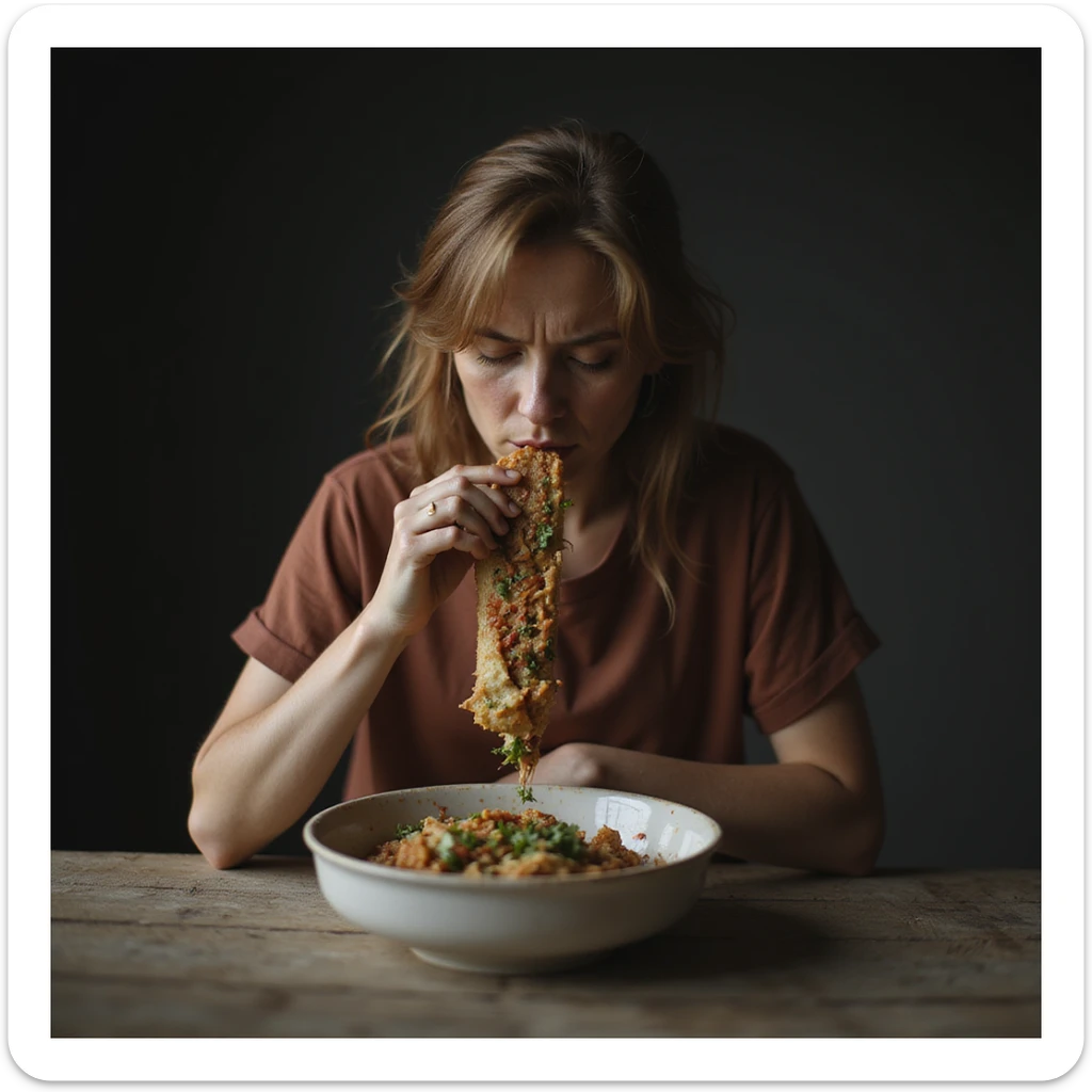 donna triste che mangia insalata, espressione triste, iperrealismo 4K, variazione 3 sticker