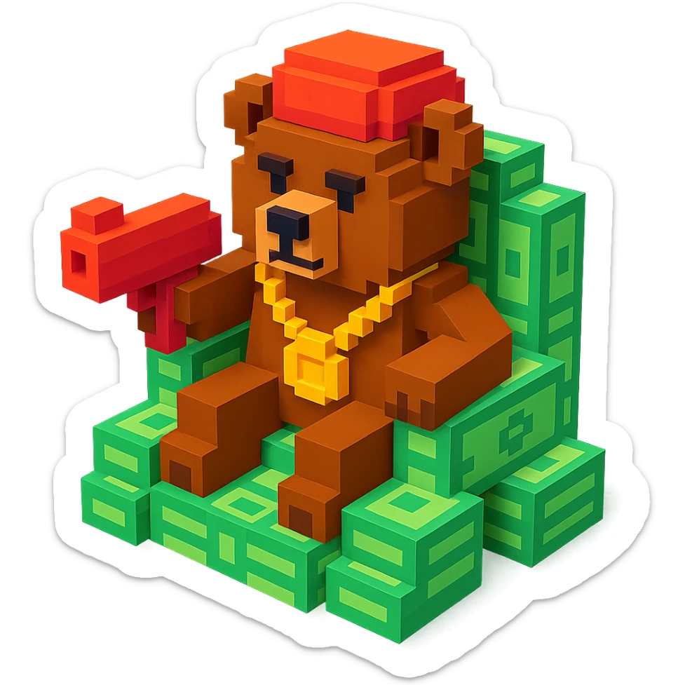 Russian grizzly bear with a rapper chain and a money gun, sitting on a throne of cash sticker