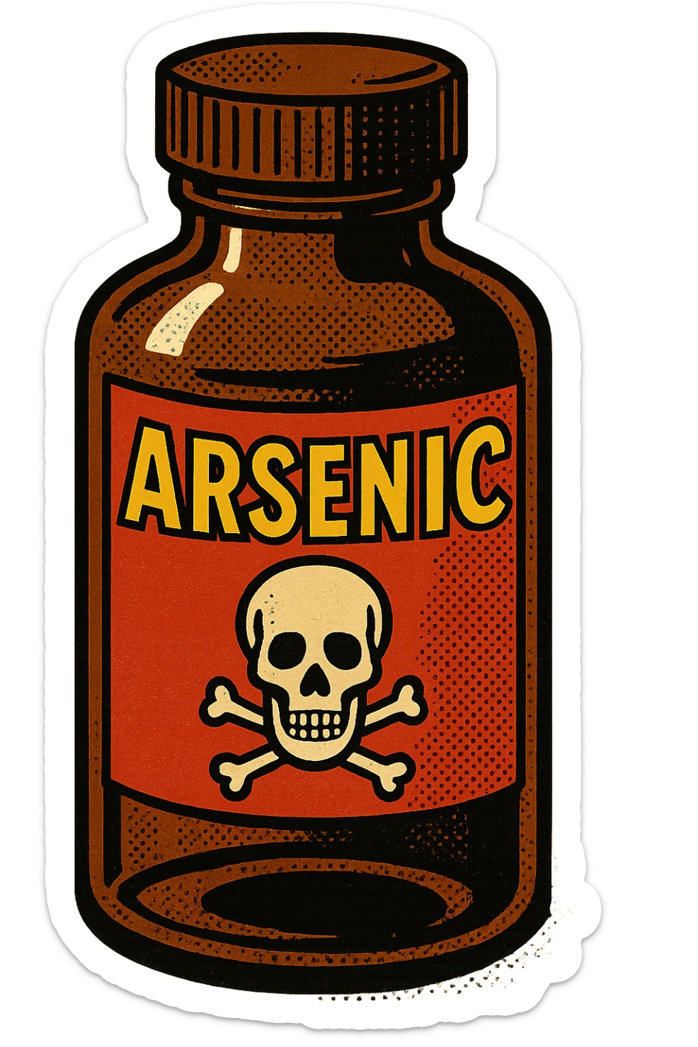 A closed medicine bottle with the word arsenic written on the bottle with a poison symbol sticker