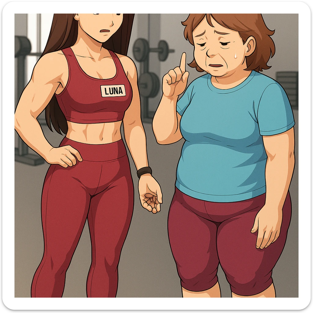 prendi spunto da queste immagini per fare: fai un webtoon/manga a colori con questa personal trainer (falle la scritta "LUNA" SU UNA TARGHETTA APPOSTA SUL TOP SPORTIVO CHE HA), che parla IN PALESTRA con una sua cliente che ha cellulite ed è leggermente in sovrappeso. LA SIGNORA è IN ABITI SPORTIVI E ascolta la trainer con attenzione guardandola allarmata. LUNA le dice di stare attenta mentre le mostra con espressione di rimprovero una manciata di mandorle. NON FARE I FUMETTI, FAI SOLO LORO COME SE DIALOGASSERO. FAI LE DUE FIGURE A FIGURA INTERA CON IL CORPO INTERAMENTE VISIBILE sticker