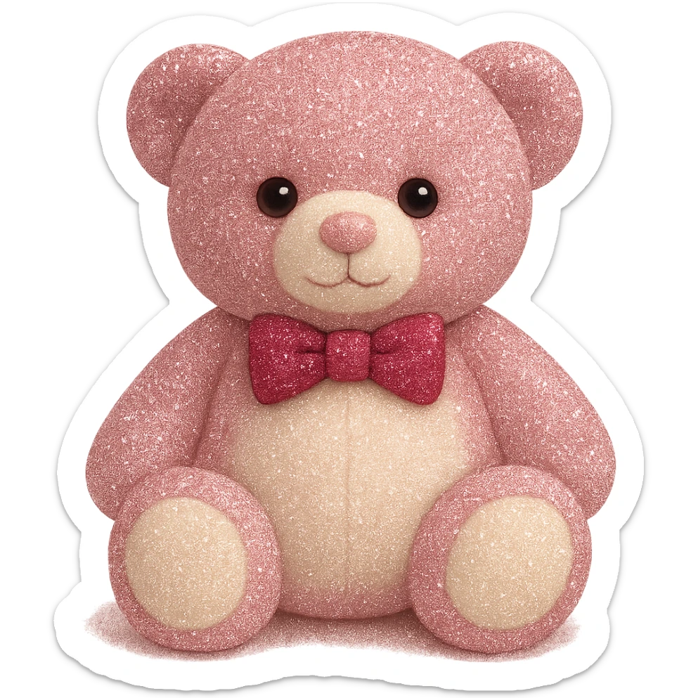 Add a touch of glitter to the teddy bear and its bow tie, keeping the pink and white fur, flat lighting, no shadows or background, soft plush look, maintain transparency. The style should reflect a soft plush teddy bear with pink and white fur and a glittery bow tie, with flat lighting and no shadows or background. sticker
