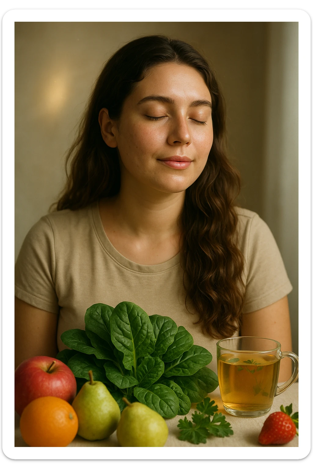 Realistic and cinematic vertical 2:3 portrait of a serene woman with PCOS, low inflammation and stable cortisol thanks to proper nutrition. Symbols of health and well-being, very few writings. sticker