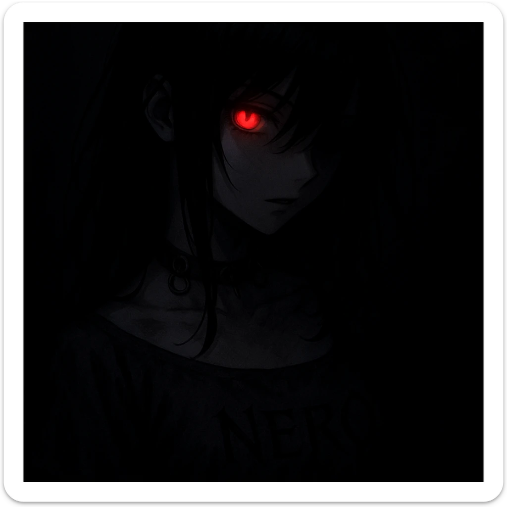 A mysterious anime girl in pitch-black darkness, with jet-black hair softly falling over her face as she turns slightly to her right. Her left eye glows with an intense crimson light, radiating menace and allure. She wears a dark leather necklace with metal rings, and her dress has the word 'NERO' engraved in sharp black script, enhancing her enigmatic presence. sticker