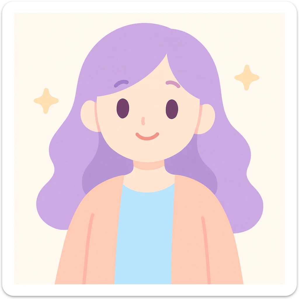 lady with long wavy purple hair, gentle smile, casual outfit, approachable and friendly sticker
