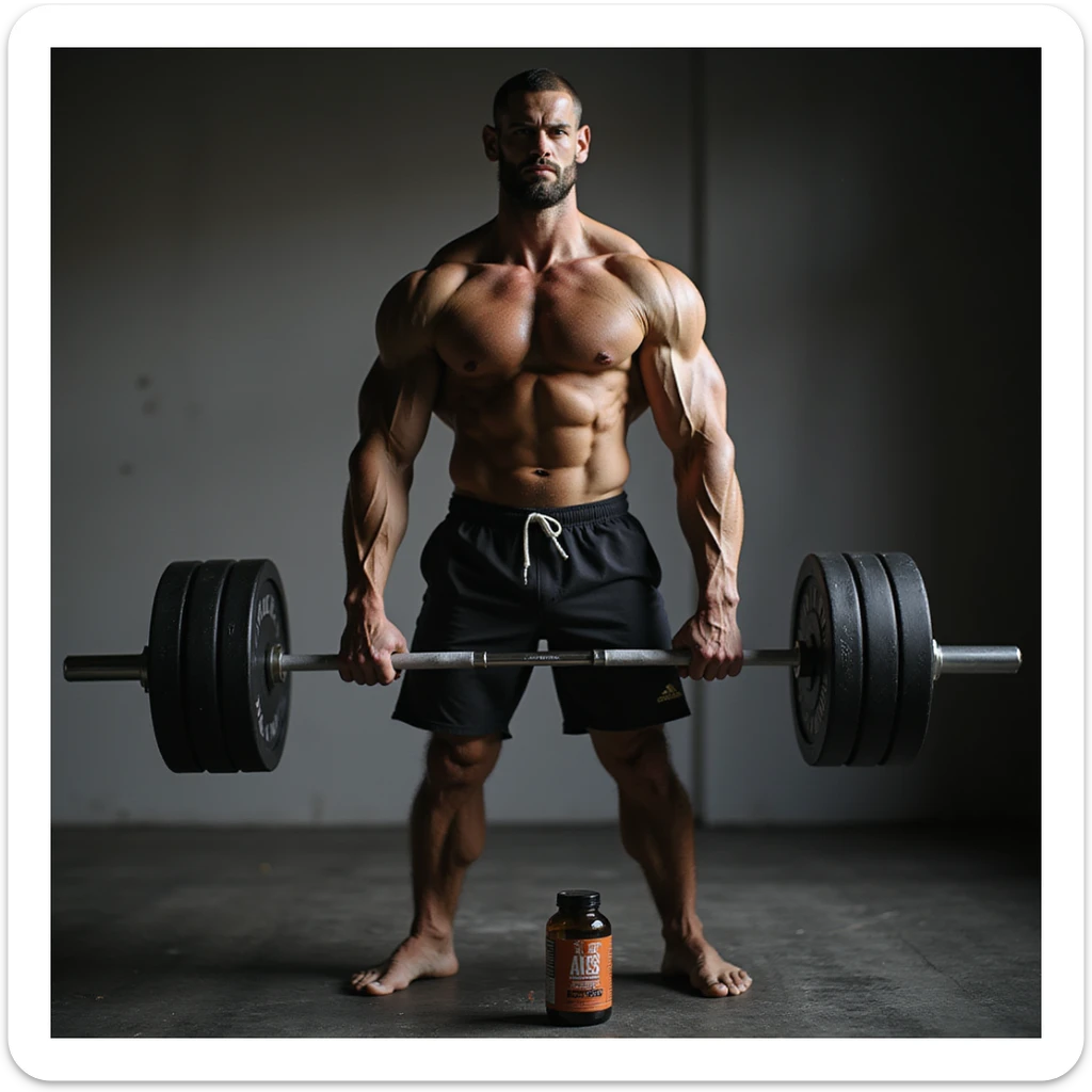 realistic muscular athlete doing deadlifts, dosage chart and bottle of AAS near feet, serious and thoughtful look, isolated on white background sticker