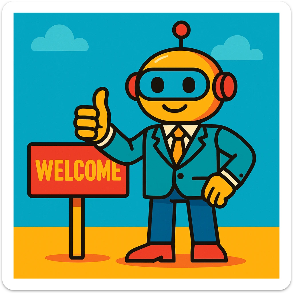 a cartoon recruiter robot giving a thumbs up, business casual, standing by a welcome sign, bright colors, cartoon style sticker