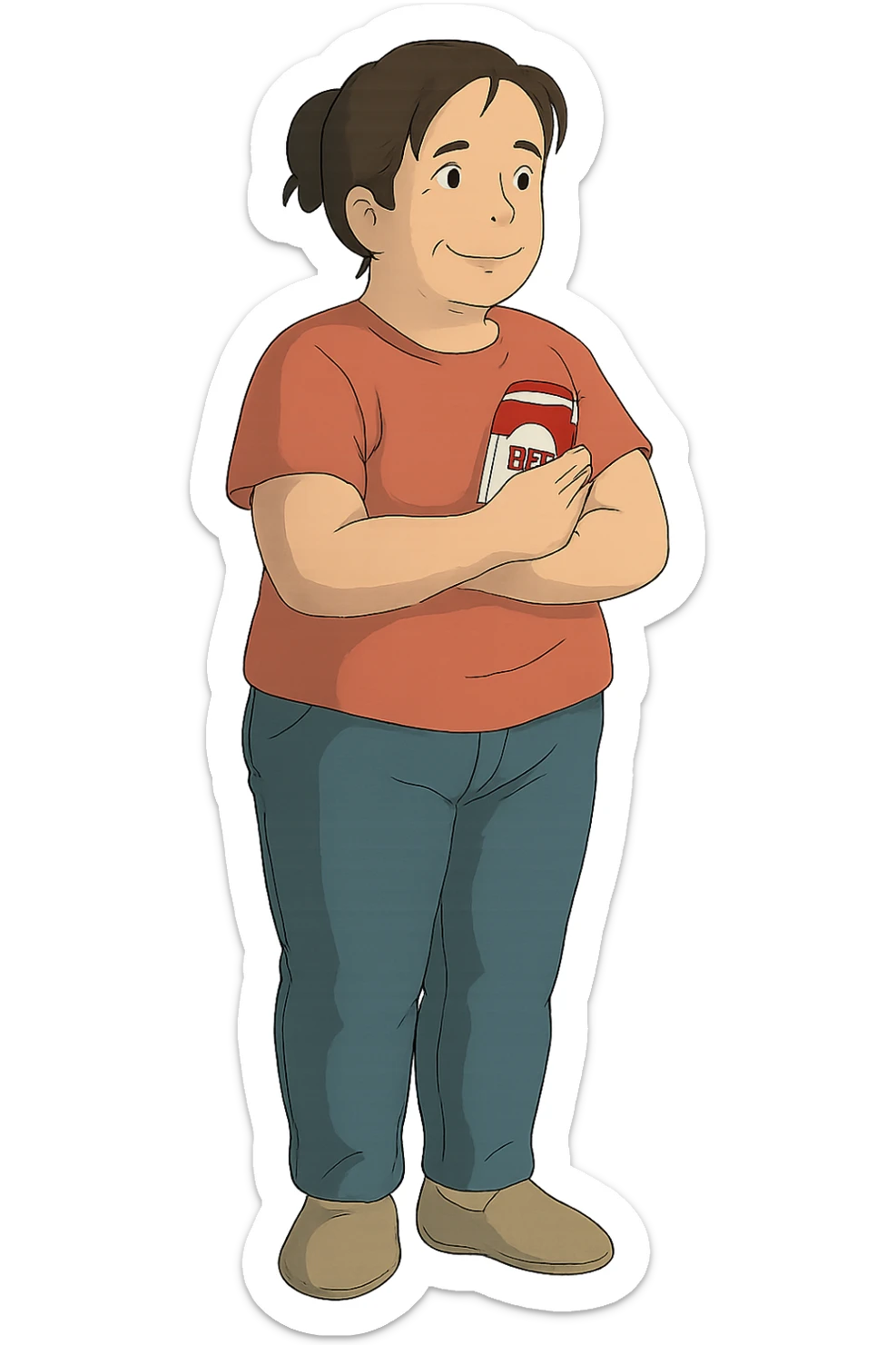 A full body of a middle aged woman wearing jeans and a t.shirt holding a packet of cigarettes close to his body sticker