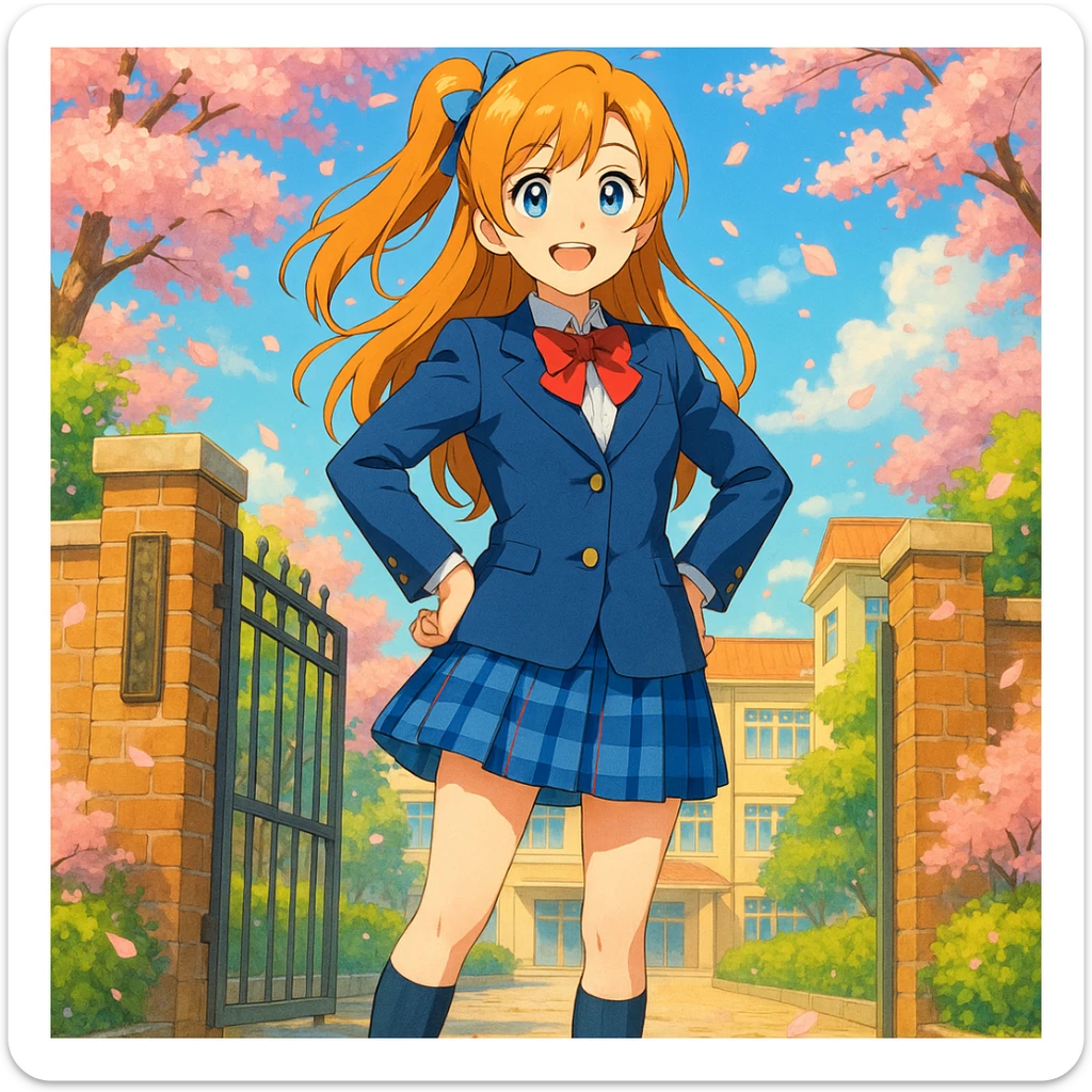 bright and cheerful anime schoolgirl standing confidently in front of her school gate during spring, cherry blossoms fluttering around, long light orange hair in a side ponytail with a blue ribbon, expressive blue eyes, warm smile, classic Japanese high school uniform with navy blue blazer, white blouse, red ribbon bow, blue checkered skirt, knee-high navy socks, brown loafers, vibrant 2D anime style inspired by Love Live!, lively background with high attention to color and lighting sticker
