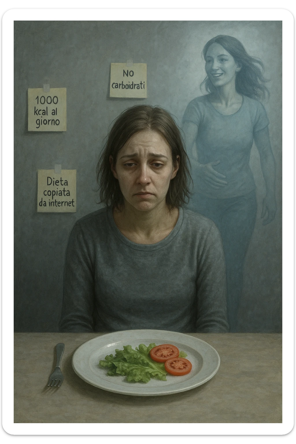 Donna tra i 30 e i 40 anni seduta a tavola, davanti a un piatto quasi vuoto con solo insalata e due fette di pomodoro. Il suo volto è visibilmente triste, stanco, con occhi spenti. Intorno a lei, foglietti attaccati con scritte come '1000 kcal al giorno', 'No carboidrati', 'Dieta copiata da internet'. L’atmosfera è fredda, grigia, priva di energia. Il suo corpo appare spento e scarico. Sullo sfondo, la sagoma di sé stessa più felice e piena di vitalità, come ricordo di un approccio migliore mai seguito. Stile realistico e simbolico sticker