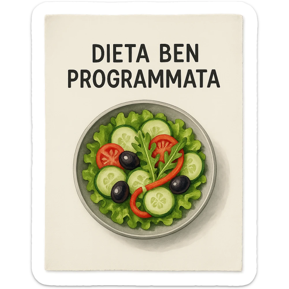 hyperrealistic 4K top view of a sheet of paper with an illustrated bowl of salad and the text 'DIETA BEN PROGRAMMATA', no background sticker