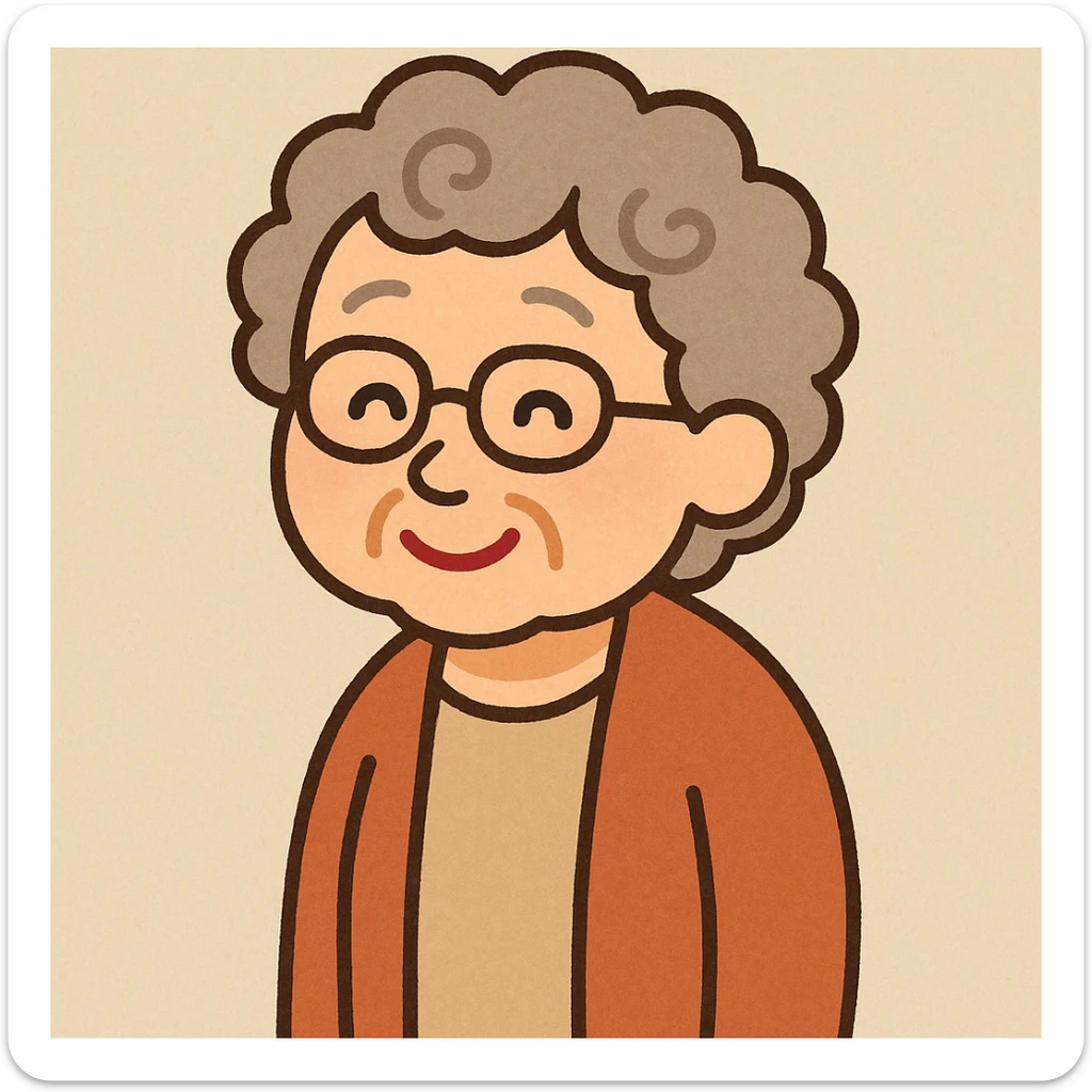 elder woman with glasses, irasutoya style, flat toon, curly hair, warm smile sticker
