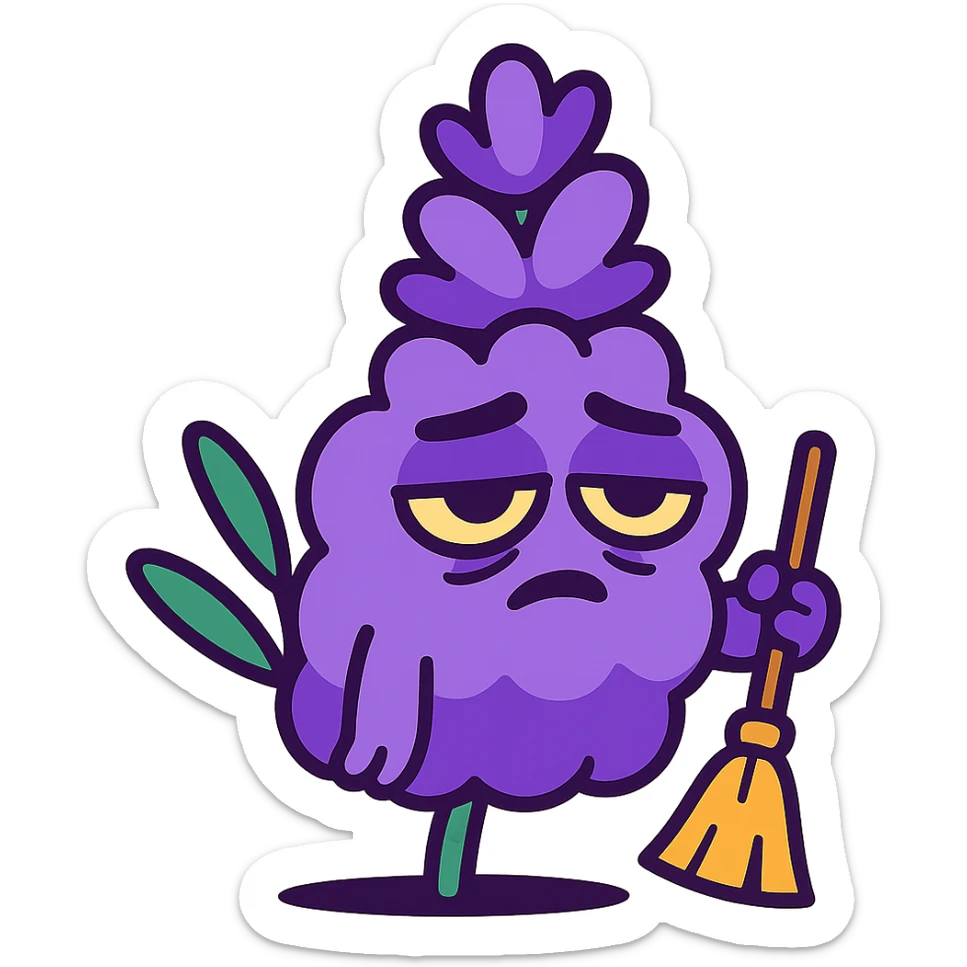 chubby lavender-colored lavender flower character with droopy eyes and a tired face, holding a tiny broom, vibrant-toon style sticker