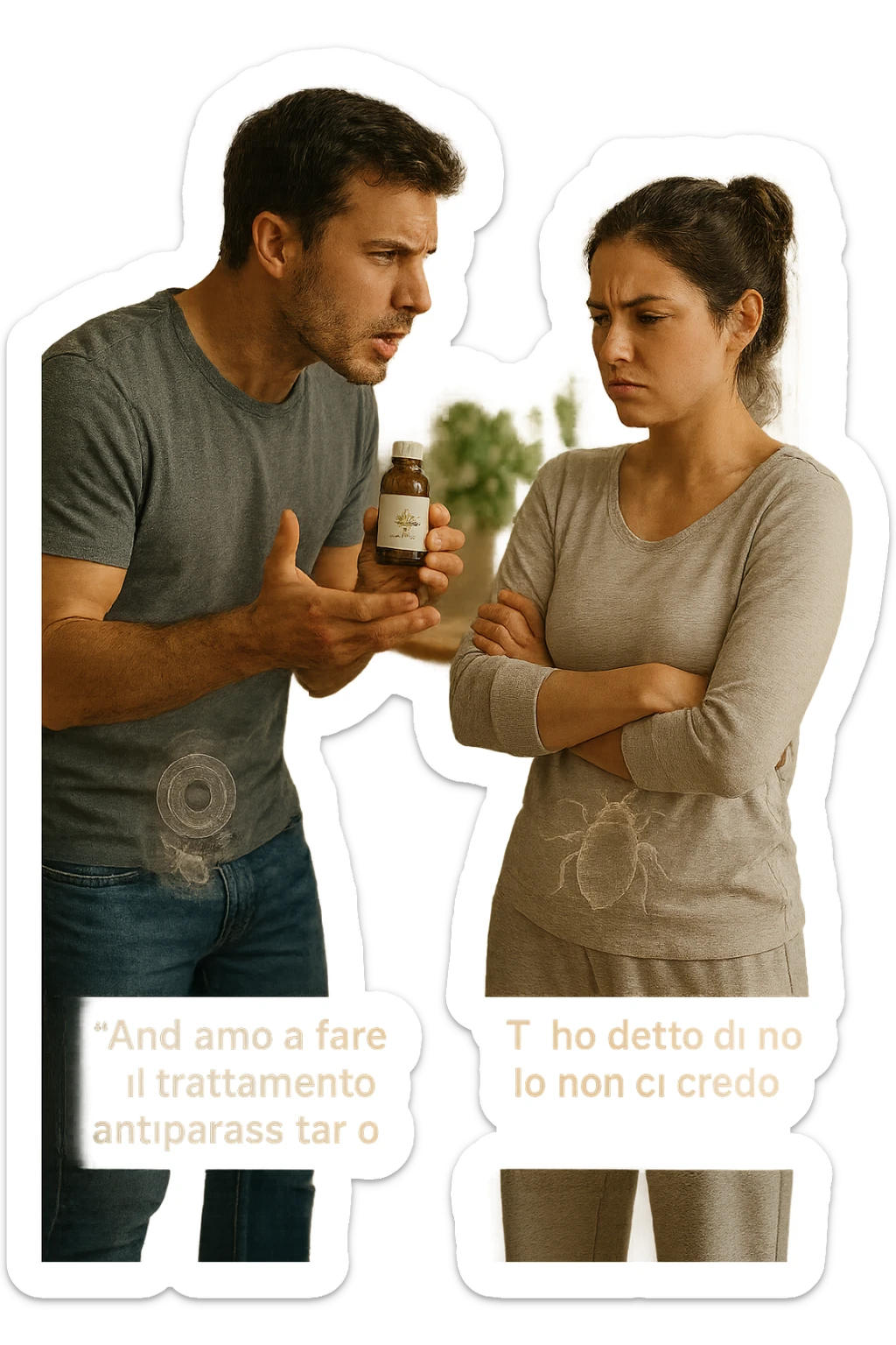 A highly realistic, cinematic photo of a young couple in their early 30s having an argument in a bright modern kitchen. The man, athletic build, wearing a casual T-shirt and jeans, is speaking firmly with a raised hand holding a small amber glass bottle labeled with a subtle herbal symbol, saying 'Andiamo a fare il trattamento antiparassitario' with a determined expression. The woman, with long dark hair tied in a messy bun, casual home outfit, crosses her arms with an angry, defensive expression, replying 'Ti ho detto di no! Io non ci credo!' while slightly turning away. Tension is visible in their body language, with the man leaning forward trying to explain and the woman leaning back, her eyebrows furrowed. Around them, subtle ghostly overlays of microscopic parasites are faintly visible near their abdominal areas, symbolizing the hidden reason for the argument. The kitchen is bright and modern with plants and natural light, contrasting the emotional tension. The style is hyperrealistic with warm tones and shallow depth of field focusing on their facial expressions, illustrating the conflict between belief in natural treatments and skepticism within the couple regarding hidden parasitic infections. in italiano sticker