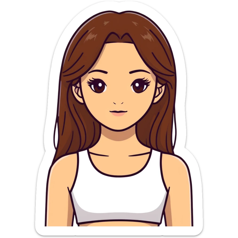 beautiful girl, long straight brown hair, brown eyes with lashes, wearing a white crop top, tan skin sticker