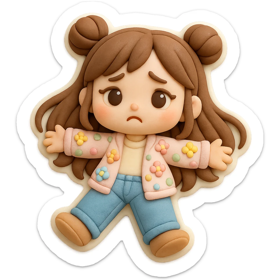3D chibi girl in fondant cake art style, high-quality rendering with smooth shadows and soft gradients, long brown hair in two space buns, brown eyes, jeans, pastel floral cardigan, thick white outline like a sticker, transparent background, lying flat on the floor arms spread looking sad, preserve facial features from reference image sticker