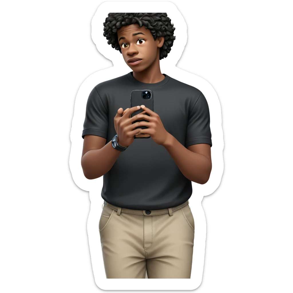 boy in black shirt holding phone sticker