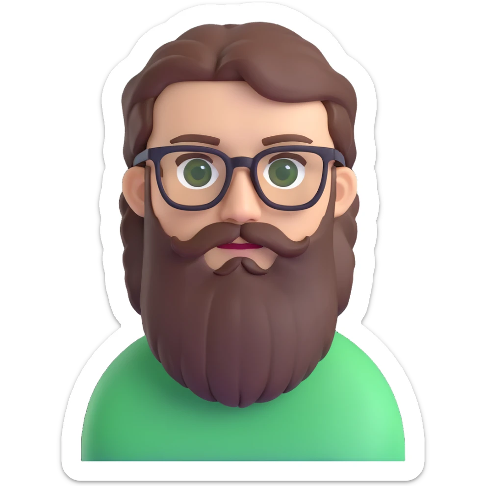 white male mid 30s green eyes black square glasses long brown beard with short brown hair sticker