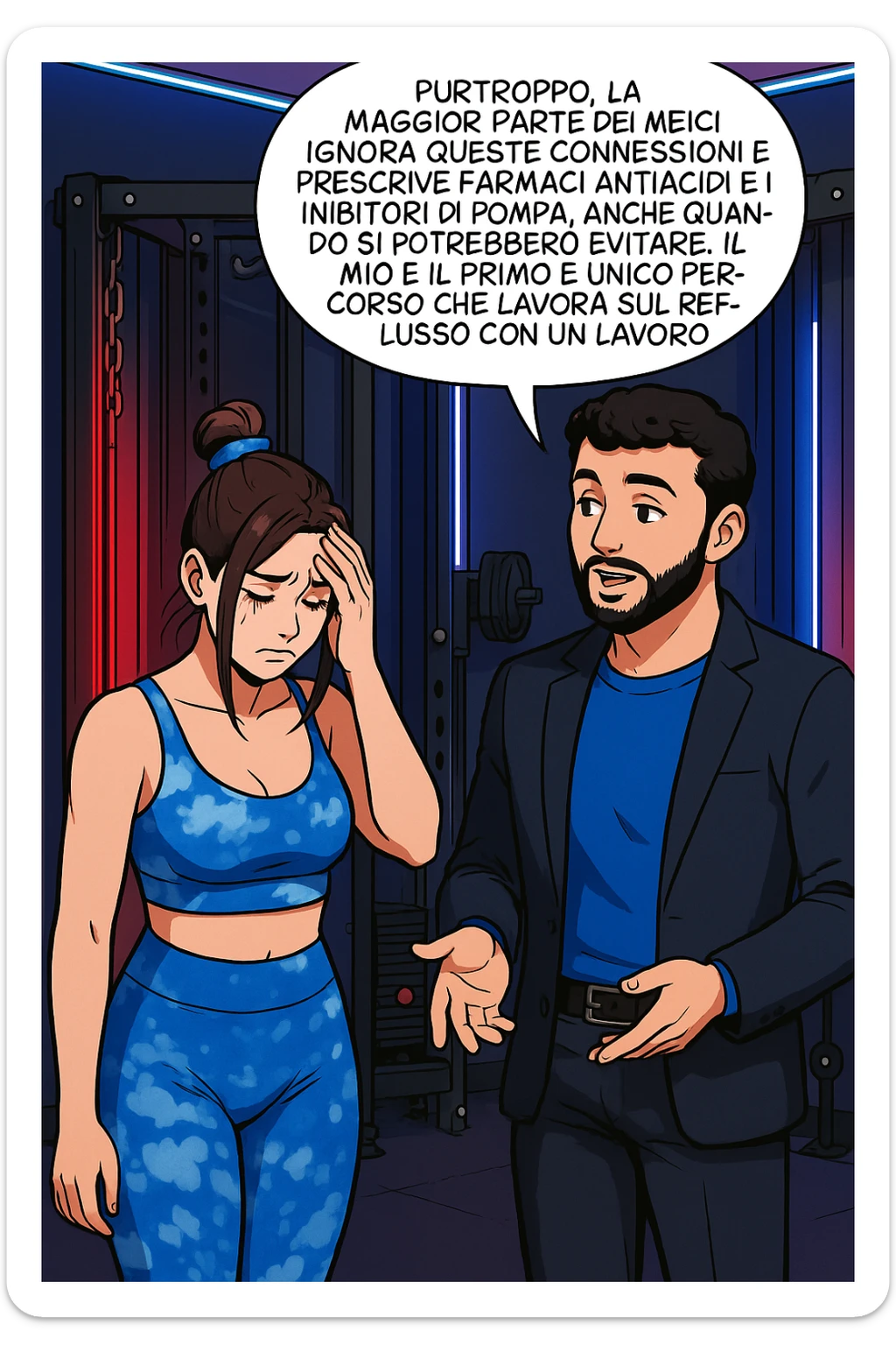 TRASFORMA QUESTO CAROSELLO IN UN FUMETTO STILE WEBTOON/MANGA A COLORI CON QUESTE DUE PERSONE IDENTICHE CHE INTERLOQUISCONO TRA LORO, L'uomo sta spiegando alla donna questo concetto MENTRE LA DONNA SI TIENE la mano sulla fronte sconcertata:

LUI (UOMO): Purtroppo, la maggior parte dei medici ignora queste connessioni e prescrive farmaci antiacidi e inibitori di pompa, anche quando si potrebbero evitare.
Il mio è il primo e unico percorso che lavora sul reflusso con un lavoro mirato sul baricentro; sticker