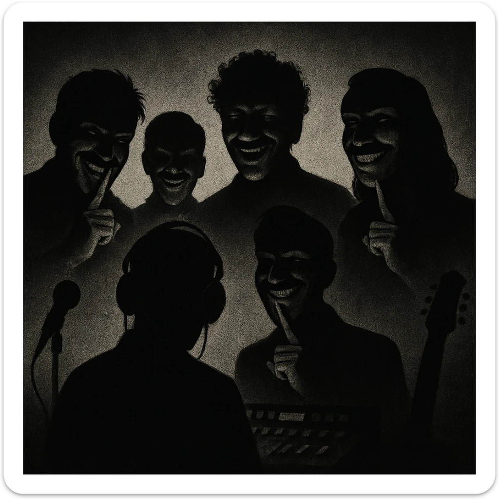 Siluetas y figuras de personas que trabajan en la industria musical, en las sombras, vistas desde lejos, con sonrisas burlonas y aire de superioridad, haciendo una señal con el dedo para pedir que otros hagan silencio o de estar guardando un secreto sticker