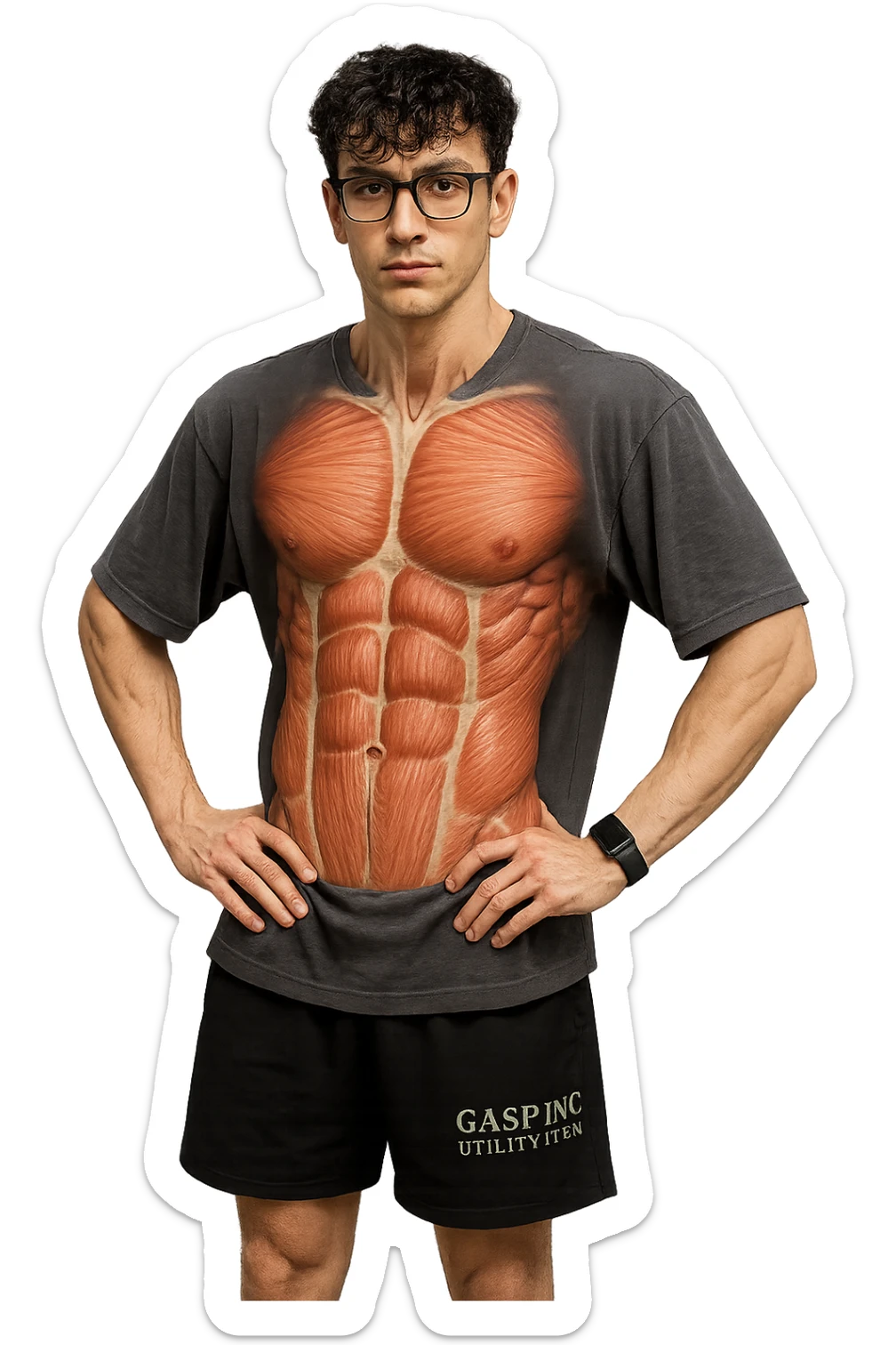 lascia questo ragazzo identico ma fallo in piedi in posa frontale con fasci muscolari anatomici realistici del core visibili, iperealistico 4k sticker