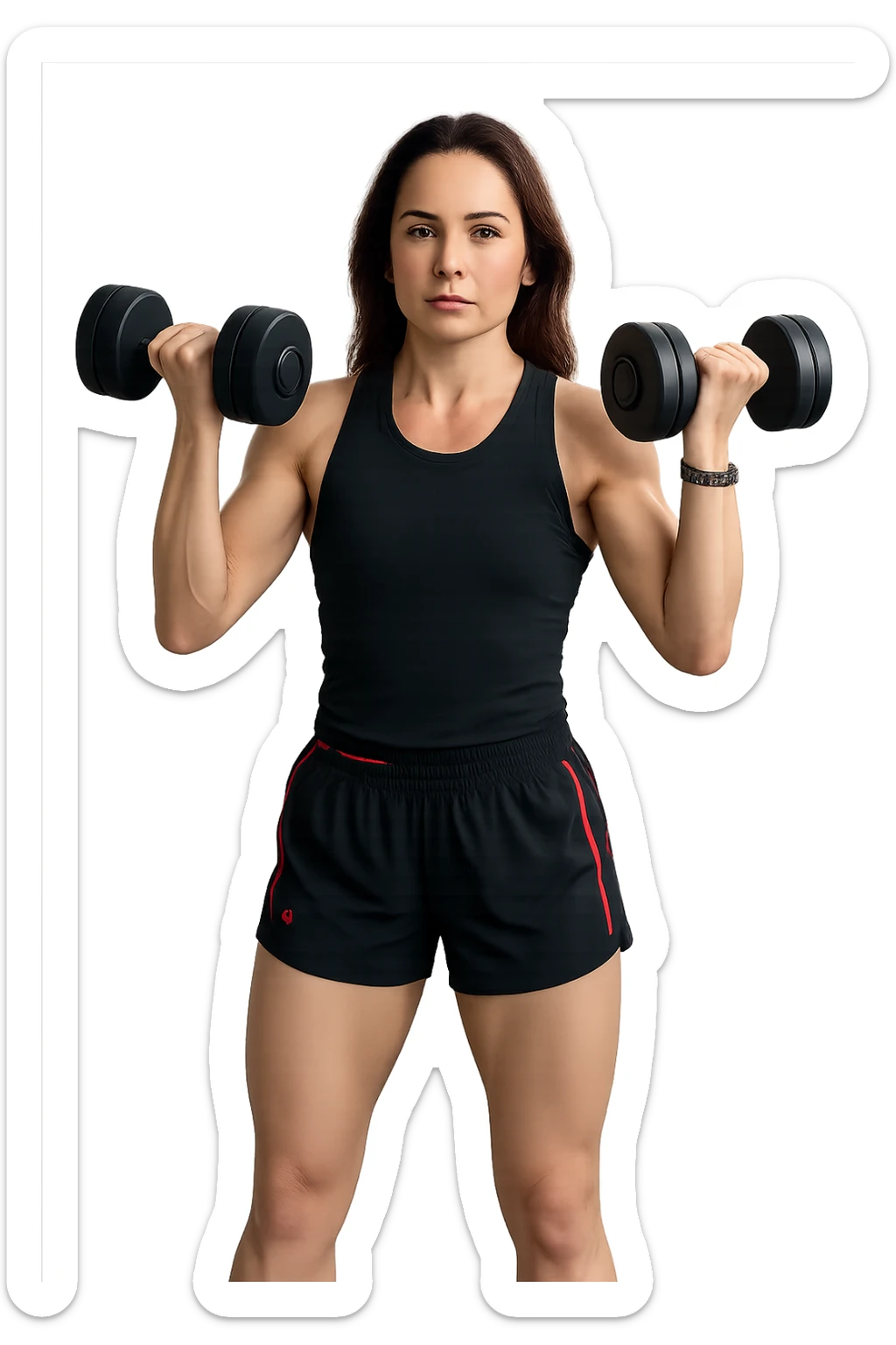 Allenamento ad alta intensità donna mentre fa pesi con in mnao due manubri sticker