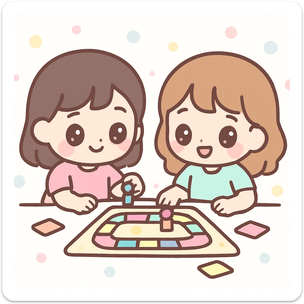 asian girl and friend playing a boardgame, kawaii style, cute and playful sticker