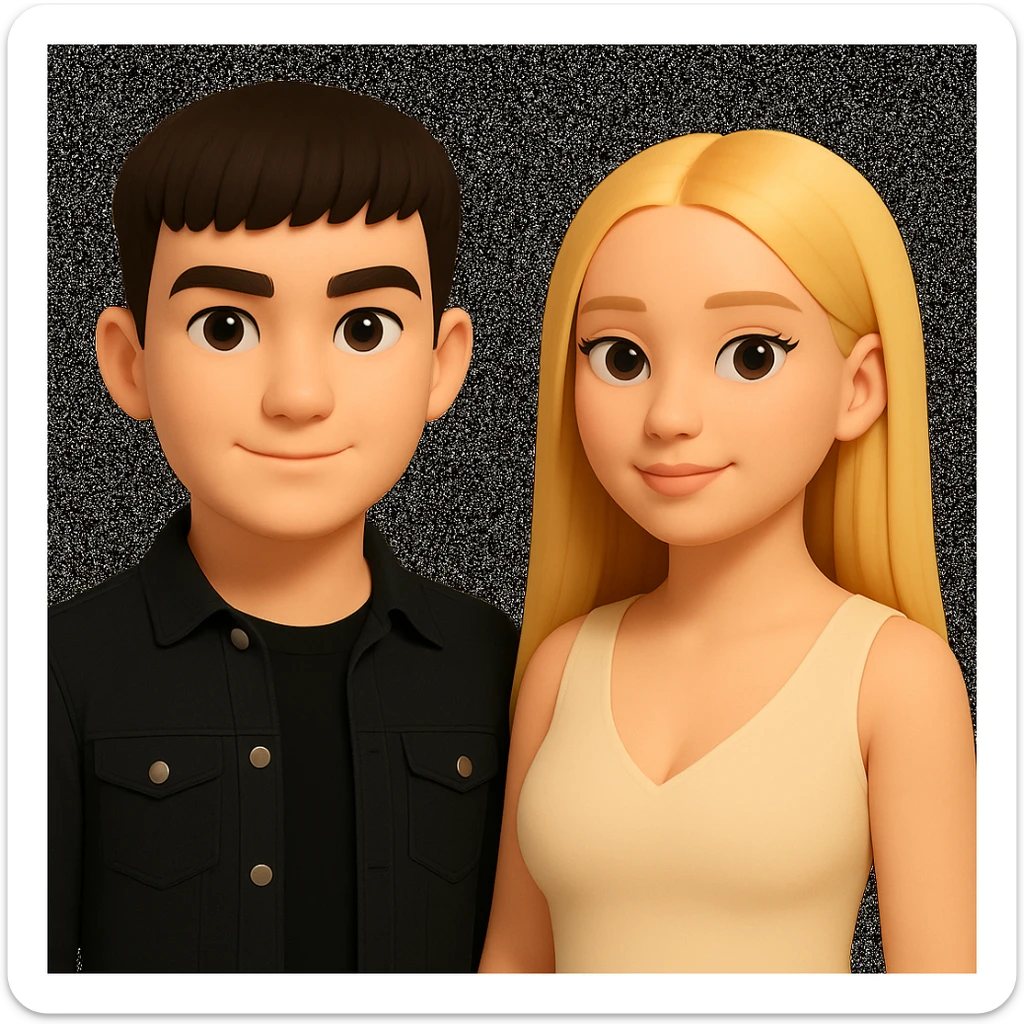 Slightly increase the volume of the upper body of the girl, significantly spread them apart from each other, make the skin color the same for both characters, keep the cartoonish 3D style as in the reference image. sticker