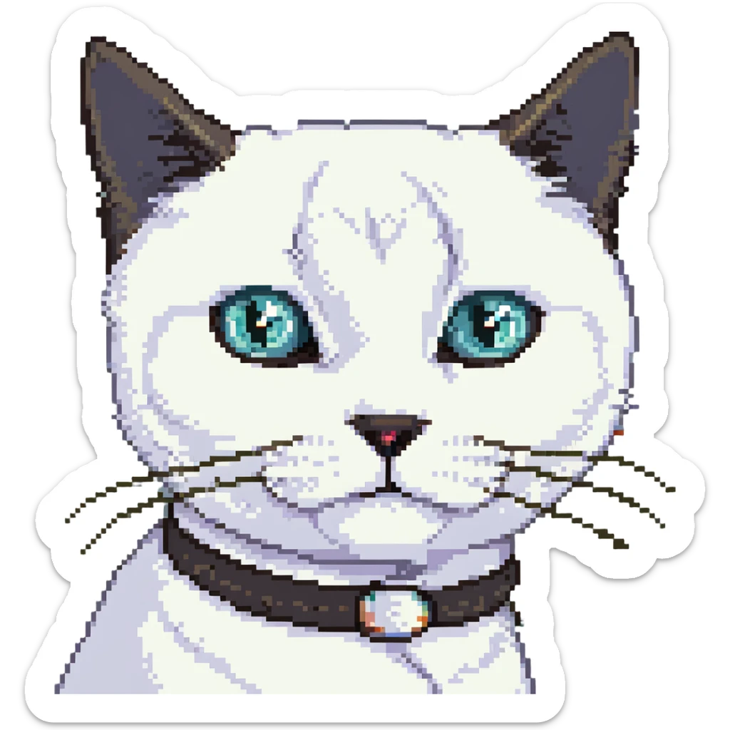 a close up portrait of a realistic adult white cat with black ears, he is giving skeptical slant eyed side-eye to the camera, cutscene graphic
 sticker