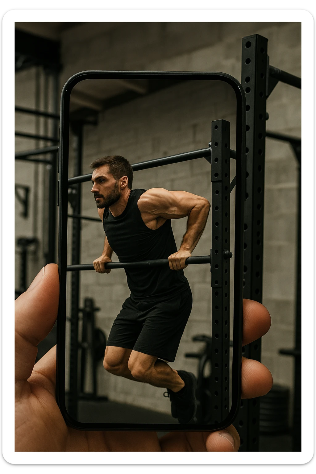 uomo che fa Muscle up e si sta filmando di lato con il telefonino che lo riprende mentre si allena, così da analizzarsi dopo sticker