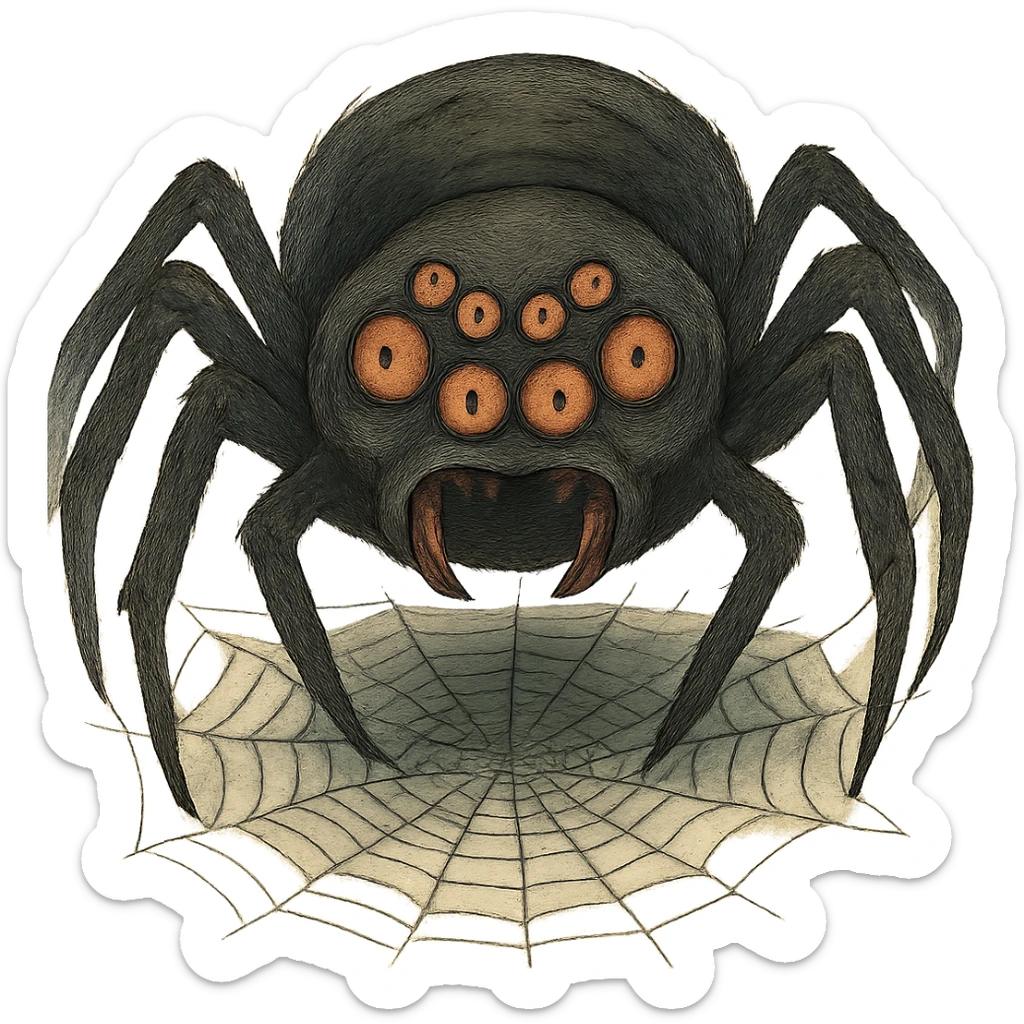 creepy spider with too many eyes, looming over a web, horror illustration sticker