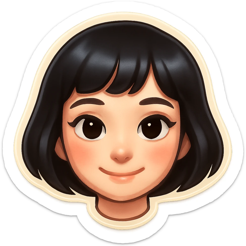 young very cute girl with pale skin, black bob haircut, light makeup, big kind eyes, soft smile, neat facial features, Telegram sticker style, head only without neck, white background sticker