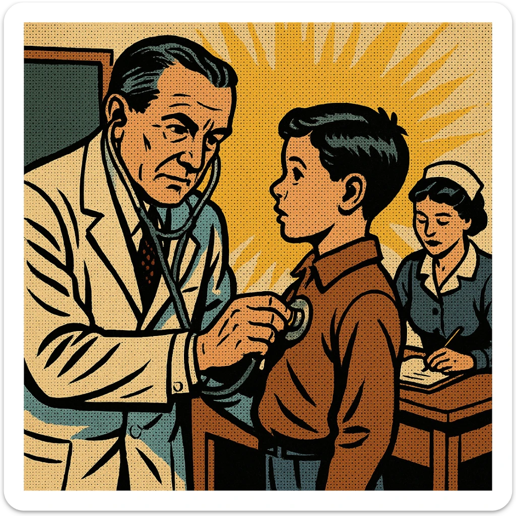 A doctor in the early 1900s examining the heart beat of a school child in a school room.  There is a female nurse recording measurements sitting at a desk next to the doctor sticker