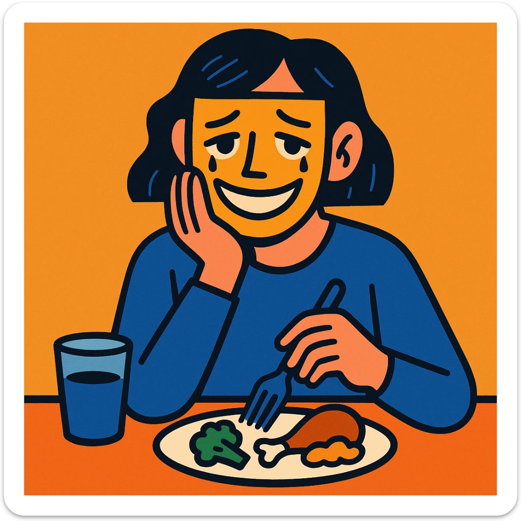 a person hiding their sadness and eating disorder, wearing a mask with a smile, sad eyes visible, food left uneaten, simple background, contemporary digital art style sticker