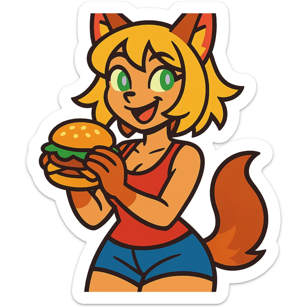 cartoon style furry girl with wolf ears and tail, short blonde hair, green amethyst eyes, hourglass body, loves food, playful expression sticker