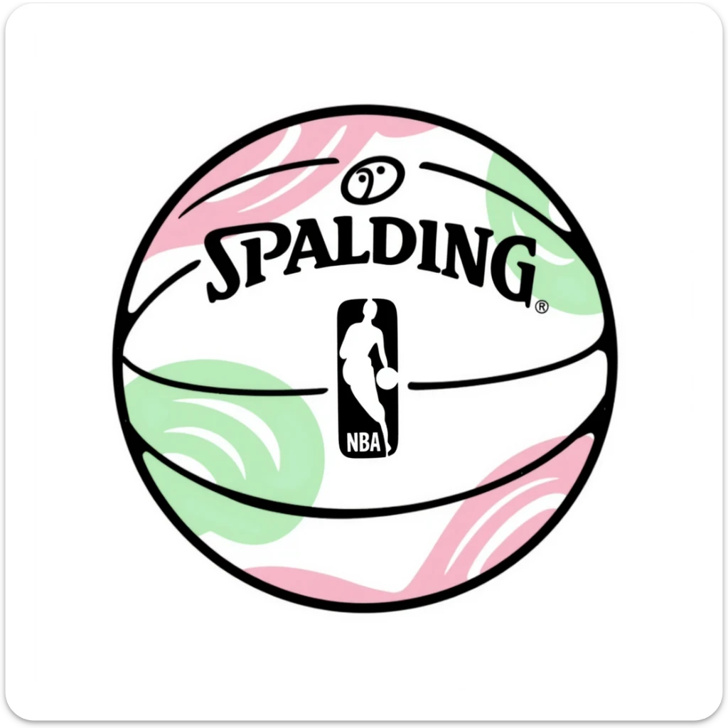 Spalding basketball with NBA logo, white color with pastel pink and green swirls pattern sticker